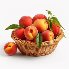 Fototapeta na wymiar basket of ripe organic peaches isolated on white background