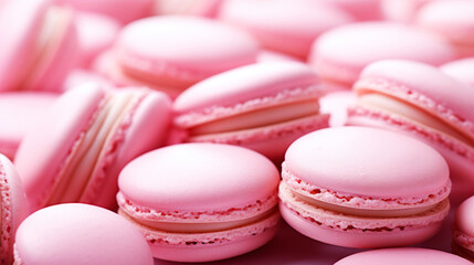 Pink strawberry macarons backdrop. View from above. Aesthetic delicious background. Pastel colour palette. Generative AI