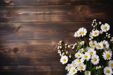 Obraz premium white daisies flowers frame on brown wooden background top view, beautiful floral template with copy space