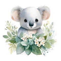 watercolor childish illustration cute cartoon koala with green leaves and flowers