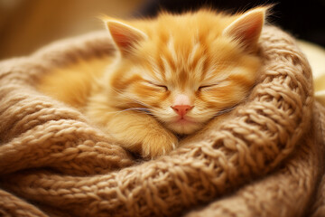 Little cute ginger kitten sleeping in soft bed