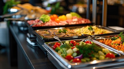 Catering buffet food indoor in luxury restaurant with meat and vegetables.
