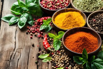 Colorful spices and herbs on a wooden background.