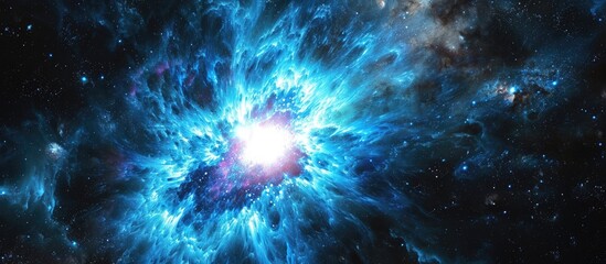 Generated abstract space background featuring a blue glowing quasar gamma ray burst. - obrazy, fototapety, plakaty
