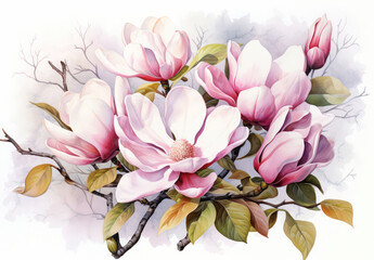 Vivid Spring Blossoms: Delicate Pink Magnolia Flower Blooming on a Green Branch