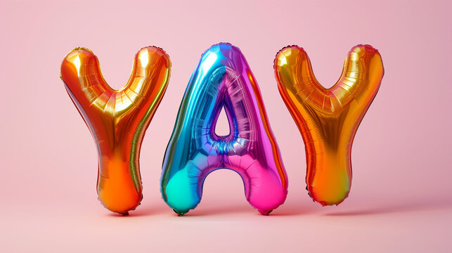 metallic foil balloons HAPPY word, in gradient gold and blue isolated on plain pink studio background