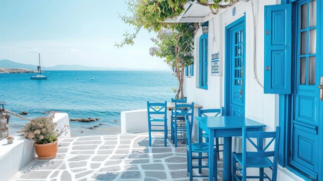 Fototapeta Greek culture with traditional white and blue greek architecture, taverna by the sea