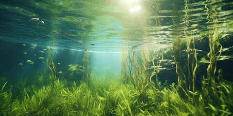 Underwater Grass, Long Seaweed in Dark River Water, Overgrown Stream with Algae, Grass Waving in...