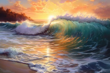 Sea Sunset Watercolored Pencil Mixed Luministic Oil, Ocean Coast, Seascape at Sunset Drawing Imitation