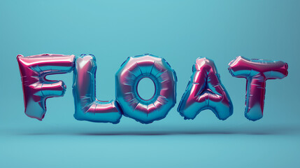 metallic foil balloons FLOAT word, isolated on plain blue studio background