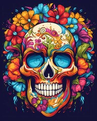 Brightly colored sugar skull with flowers and rainbows. Suitable for Day of the Dead celebrations and festive designs.