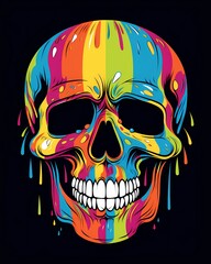 Brightly colored sugar skull with flowers and rainbows on black background. Suitable for Day of the Dead celebrations and festive designs.