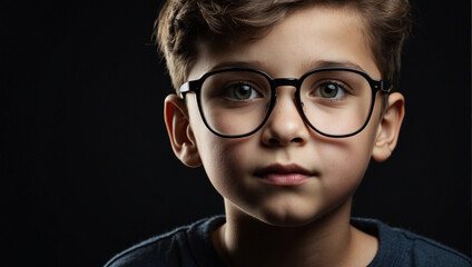 Fototapeta na wymiar close up boy wearing glasses isolated on black background