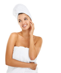 Skincare, shower and woman thinking with hands on face in studio for wellness or glowing skin on white background. Beauty, smile or lady model with body care, cleaning or cosmetics for pamper ideas