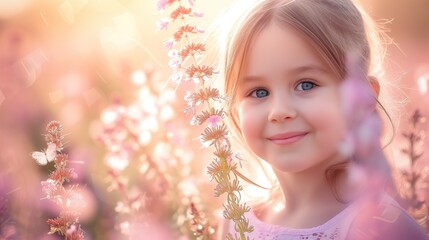 Fototapeta premium Sunny tender slavic european caucasian kid in summer floral field with butterflies enjoyng nature on holiday vacations looking up and smilling happily at golden hour