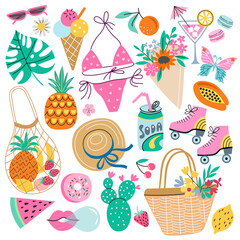 Summer elements set. Modern summertime lifestyle illustration - 721238723