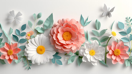 3d render abstract cut paper flowers isolated on white background, generative ai