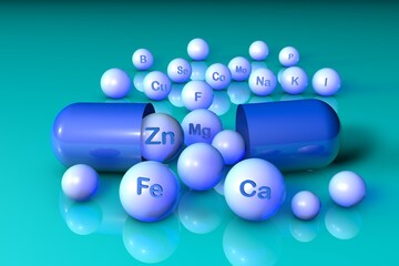 Opened blue capsule with essential chemical minerals and microelements on light blue background. Healthy life concept. Medical background. 3d illustration