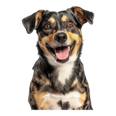 Studio portrait of smiling mixed breed rescue dog sitting - obrazy, fototapety, plakaty