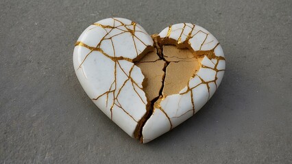 Fototapeta na wymiar A broken heart repaired by Gold. Symbolizing getting up after a Heartbroken. And Love, Resilience Aloneness Rejection, pain & etc ( Inspired by kintsugi, a Japanese traditional pottery repair method )