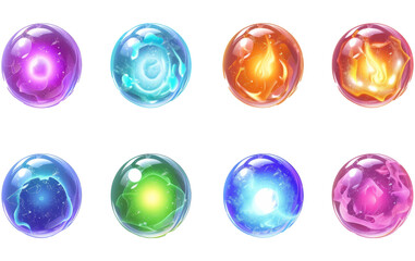 set of color glowing orbs with light effect, liquid plasma and fire. Fantasy shiny circles for game design