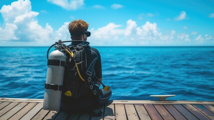 Scuba diver before diving. A man in a diving suit is preparing to dive into the deep sea. - obrazy, fototapety, plakaty