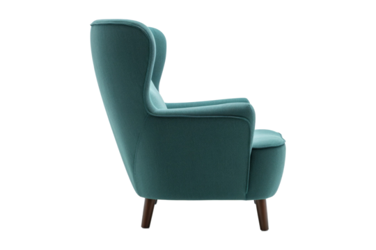 Modern Aqua Teal Blue Wingback Club Armchair with Pillow Upholstered Wing Armrests and Wooden Feet Side View