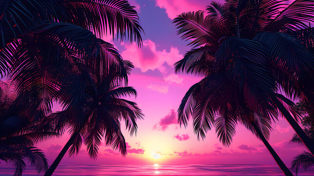 Palm trees framed by purple and pink shades of sunset create an incredible sight