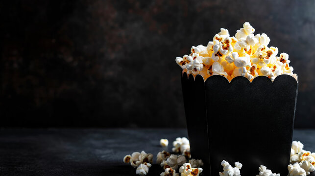 Delicious popcorn scattering from black matte box on black background. Copy space. Cinema concept. Generative AI