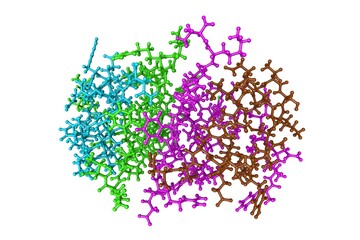 T6 human insulin. Molecular model on white background. Rendering with differently colored protein chains based on protein data bank entry 1mso. 3d illustration