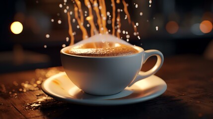 Fototapeta premium A Close-Up of a Cup of Coffee with Milk Pouring