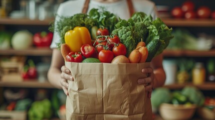 woman hod Paper bag full of healthy food, salad tomato, bakery