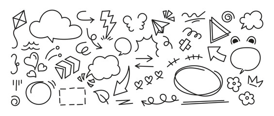 Set of cute pen line doodle element vector. Hand drawn doodle style collection of speech bubble, arrow, thunderbolt, crown, heart. Design for decoration, sticker, idol poster, social media.