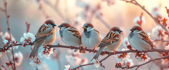 Cheerful Sparrows Gathering on a Sunny Tree Branch, Embracing the Beauty of Nature