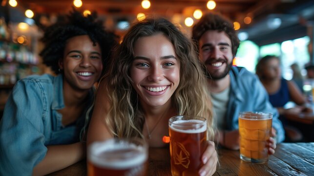 group of people cheering and drinking beer at bar pub table