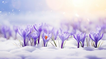 Crocus spring flower Growth In The Snow. Beautiful Floral wide panorama. Purple Crocus Iridaceae, copy space - generative ai - obrazy, fototapety, plakaty