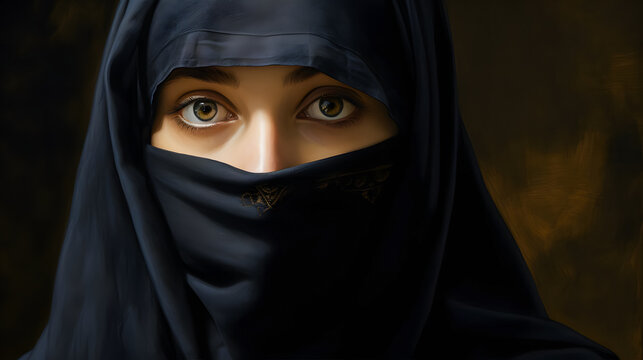 beautiful asian muslim woman wearing niqab over dark background