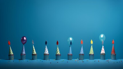 Colorful birthday celebration: vibrant party caps, cheerful blowers, and festive candles on a blue background
