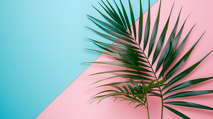 Fototapeta na wymiar a single Palm leaf on a pastel pink and blue background, generative ai