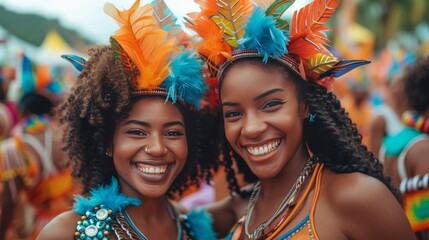 Two beautiful young women dressed festively at the carnival in city