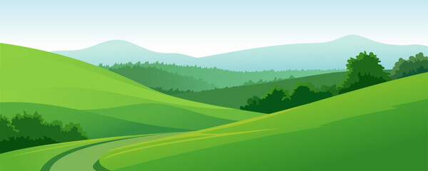 Vector illustration of a landscape of green meadows and fields. Beautiful panoramic summer village landscape with green fields and hills against a blue sky. - obrazy, fototapety, plakaty