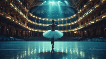 Lonely ballerina training alone on the stage of a large opera house in front of an empty hall