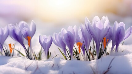 Crocus spring flower Growth In The Snow. Beautiful Floral wide panorama. Purple Crocus Iridaceae, copy space - generative ai