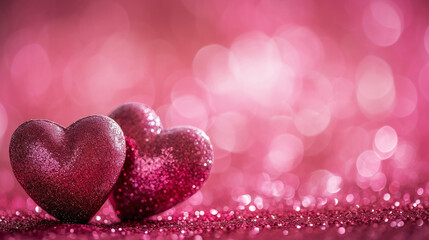 Obraz premium Two sparkling glitter hearts on blurred pink background. Valentine's day. Copy space. Romantic concept. Generative AI.