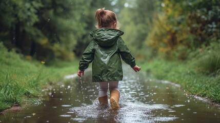 portrait of a little girl in a green raincoat runs through puddles in the rain