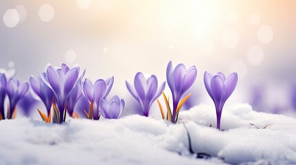 Crocus spring flower Growth In The Snow. Beautiful Floral wide panorama. Purple Crocus Iridaceae, copy space - generative ai