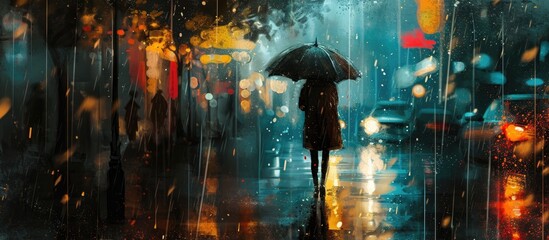 Rainy scene with someone holding an umbrella in a monsoon