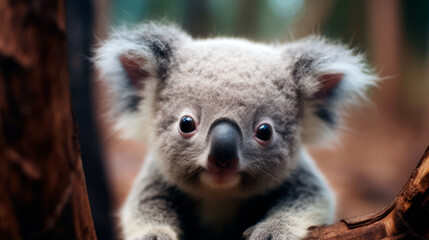 Adorable little fluffy Koala cub in the eucalyptus forest of Australia