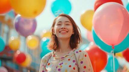 Fototapeta na wymiar Happy girl with colorful balloons walks through an amusement park