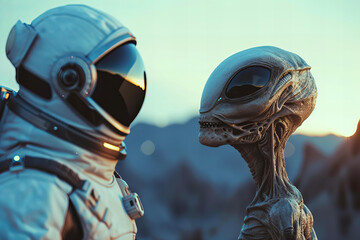 astronaut in spacesuit meets an alien on the unknown planet - obrazy, fototapety, plakaty